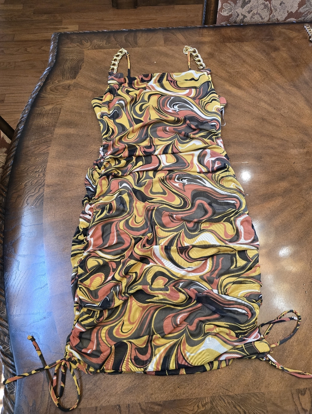 Cowl Neck Chain-Strap Dress in Mustard Swirl - Picture 4 of 6